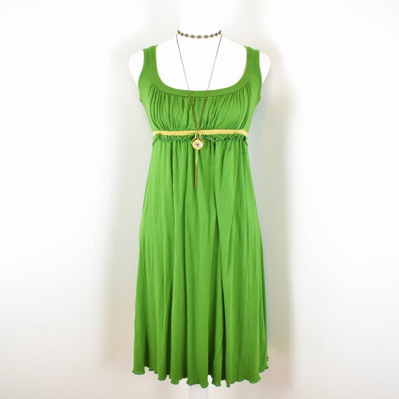 VTG 00s Y2K Miss Sixty Green w/ Gold Trim Empire Waist Babydoll Mini Dress Sz M - Picture 1 of 10